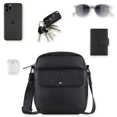 Сумка наплечная мужская BUGATTI Rico, черный, полиуретан, 19 x 7 x 21 см