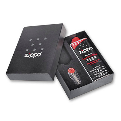 Подарочная коробка Zippo (кремни + топливо, 118 мл + место для широкой зажигалки), 118х43х145 мм (Черный)