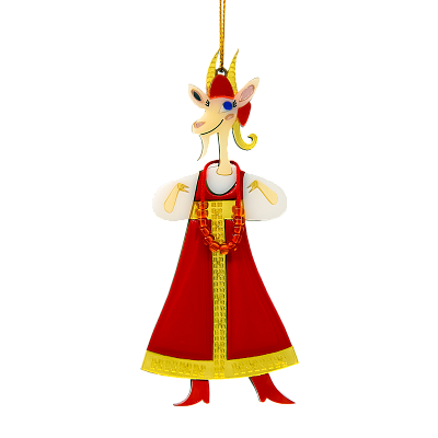 Ёлочная игрушка Коза в сарафане (красный с белым)