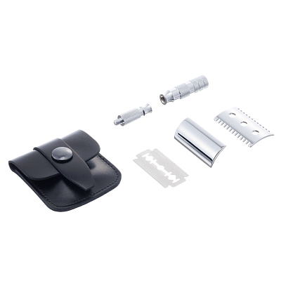 Станок Т-образный для бритья MERKUR 985, глянцевое хромированное покрытие, прямой срез, открытый зубчатый гребень, разборный, лезвие в комплекте 1 шт