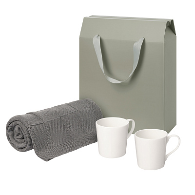 Подарочный набор Siena, Cella, серый в коробке-пакете (две фарфоровых кружки, плед) (Серый, белый)