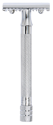 Cтанок Т-образный для бритья MERKUR 25C, глянцевое хромированное покрытие, открытый зубчатый гребень, длинная ручка, лезвие в комплекте (1 шт)