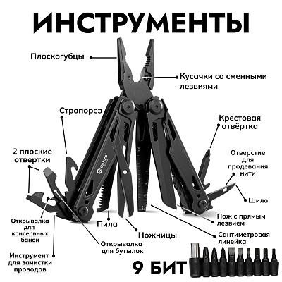 Мультитул Ganzo G303 24 в 1 черный с полноразмерными ножницами