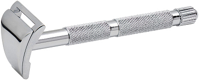 Станок контурный для бритья MERKUR 907C, глянцевое хромированное покрытие, прямой срез, короткая ручка, лезвие в комплекте (1 шт)