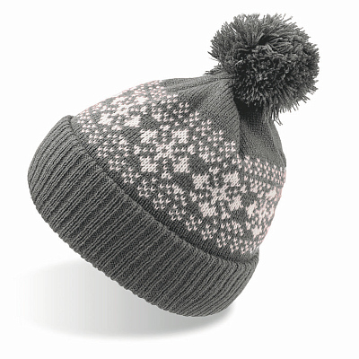 Шапка вязаная с снежинками и помпоном "FLAKE"_темно-серый,100% акрил  (Тёмно-серый)