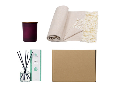 Подарочный набор для дома с пледом, свечой и диффузором (Бордовый, бежевый)