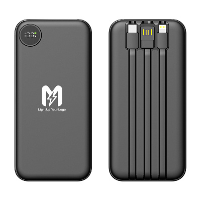 Зарядное устройство "Форт" 10000 mAh с подсветкой логотипа, встроенными кабелями и цифровым индикатором заряда, черный (Чёрный)