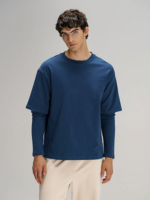 Футболка оверсайз с двойным рукавом Kosmos, бежевая (Тёмно-синий)