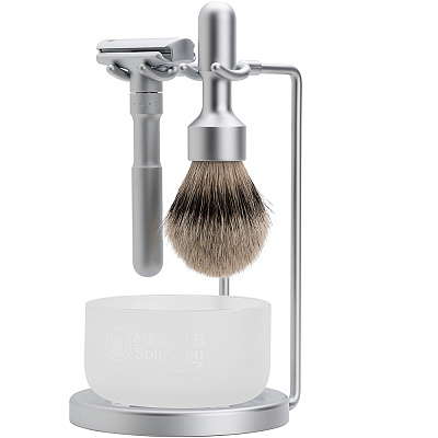 Набор бритвенный MERKUR FUTUR, 4 предмета: станок Т- образный, помазок, подставка, чаша, матовое хромированное покрытие, лезвия в комплекте (10 шт) (Серебристый)