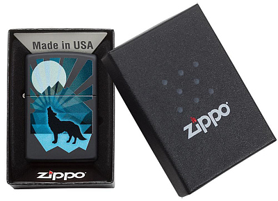 Зажигалка ZIPPO Wolf and Moon с покрытием Black Matte, латунь/сталь, чёрная, матовая, 38x13x57 мм