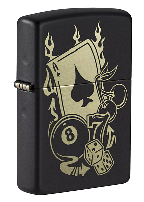 Зажигалка ZIPPO Gambling Design с покрытием Black Matte, латунь/сталь, чёрная, матовая, 38x13x57 мм