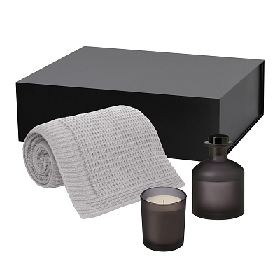 Подарочный набор Enigma, Malta Soft, серый (свеча, диффузор, плед) (Серый, черный)