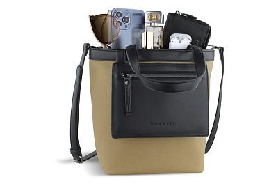 Сумка-тоут женская маленькая BUGATTI Elena, песочная, канвас, полиуретан, 33 x 15,5 x 24 см