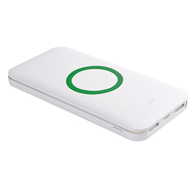 Универсальный аккумулятор с функцией беспроводной зарядки SATURN,белый с зеленым,15х7,3х1,2с