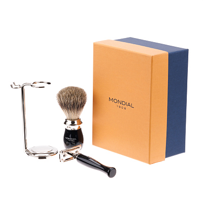 Бритвенный набор Mondial: классический Т-образный станок, помазок, подставка; чёрная смола