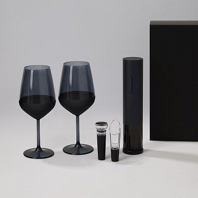 Подарочный набор 2 бокала для вина Black Edition + набор для вина Sacramento в черной коробке (Черный)