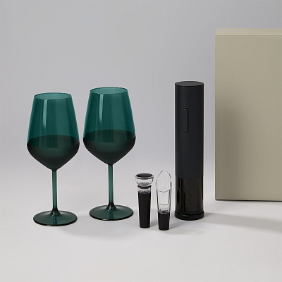 Подарочный набор 2 бокала для вина Emerald + набор для вина Sacramento в серой коробке (Зеленый, черный, серый)