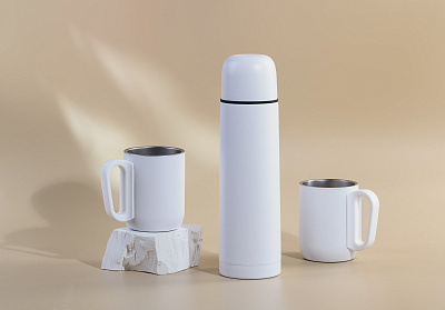 Набор "Гейзер" (термос, 2 кружки), покрытие пудра, белый