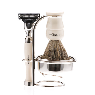 Бритвенный набор Mondial: станок, помазок, подставка и чаша; цвет слоновой кости (Бежевый)