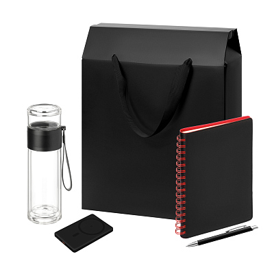 Подарочный набор Welcome Pack, черный/красный (бутылка, ежедневник, ручка, ЗУ, коробка-пакет) (Черный, красный)