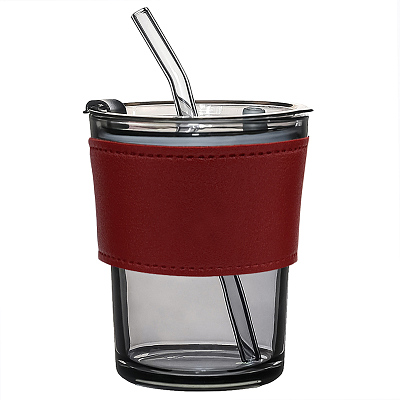 Стакан стеклянный с трубочкой и капхолдером Karamel  (Бордовый)