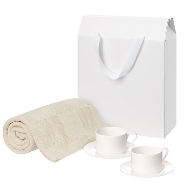 Подарочный набор Mokko, Сella, бежевый в коробке-пакете (две чайных пары, плед) (Бежевый, белый)