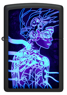 Зажигалка ZIPPO Cyborg Woman с покрытием Black Light, латунь/сталь, черная, матовая 38x13x57 мм