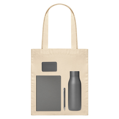 Подарочный набор Велком Пак (Welcome Pack), серый (термобутылка, ежедневник, ручка, ЗУ, шоппер) (Серый, бежевый)