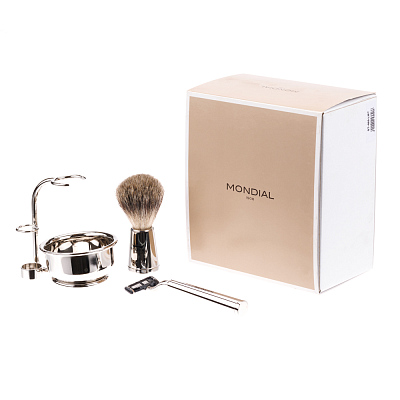 Бритвенный набор Mondial: станок, помазок, чаша, подставка; отполированный никель