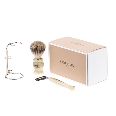 Бритвенный набор Mondial: станок, помазок, подставка; светлый и серый перламутр