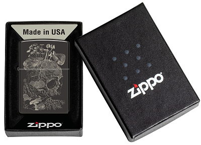 Зажигалка ZIPPO Skull с покрытием High Polish Black, латунь/сталь, черная, глянцевая, 38x13x57 мм