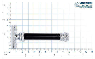 Cтанок Т-образный для бритья MERKUR 38B, глянцевое хромированное покрытие, анодированный алюминий в черном цвете, лезвие в комплекте (1 шт)
