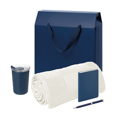 Подарочный набор Welcome Pack Spark mini, синий (термокружка, блокнот, ручка, плед, коробка-пакет) (Синий, бежевый)