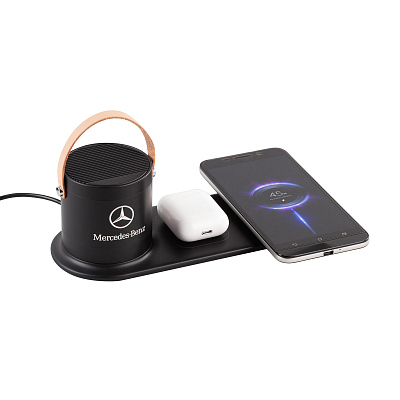 Настольная беспроводная (15W) зарядная станция "Blacksmith" с bluetooth колонкой с подсветкой логотипа, черный (Чёрный)