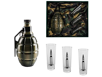 Подарочный набор Бей врага до последнего патрона (Штоф- зеленый армейский, стопки- прозрачный, серебристый)