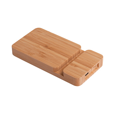 Беспроводное (10W) зарядное устройство "Bamboo Power" 5000 mAh с подставкой под смартфон, бамбук  (Бежевый)