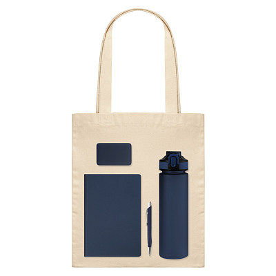 Подарочный набор Welcome Pack, синий (бутылка, ежедневник, ручка, ЗУ, шоппер) (Синий, бежевый)