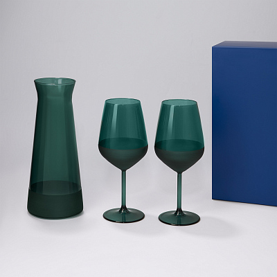 Подарочный набор декантер + 2 бокала для вина Emerald в синей коробке (Зеленый, синий)
