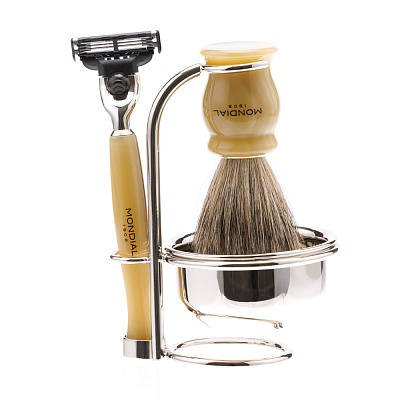 Бритвенный набор Mondial: станок, помазок, чаша, подставка; светлый и серый перламутр (Золотистый)