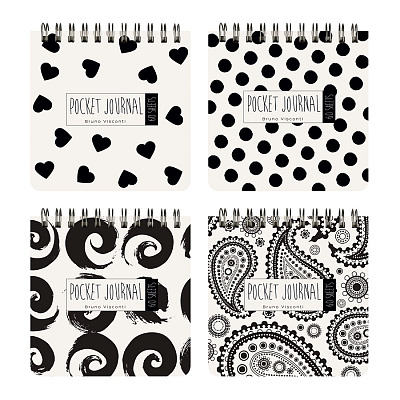 "POCKET JOURNAL" 105 х 105 мм, 60 Л, (4 ВИДA) НА ГРЕБНЕ "BLACK&WHITE" (Белый/черный)