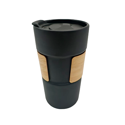 Кружка керамическая с деревянной манжетой Nexus, чёрная