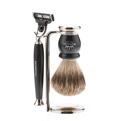 Бритвенный набор Mondial: станок, помазок, подставка; чёрный перламутр (Черный)