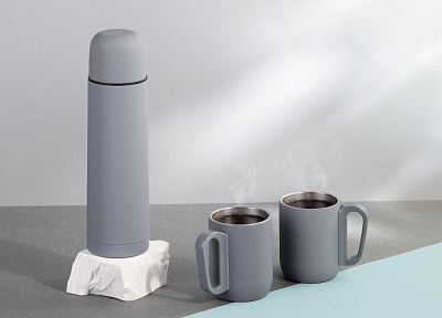 Набор "Гейзер" (термос, 2 кружки), покрытие soft touch, серый