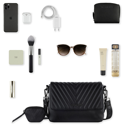 Сумка наплечная женская BUGATTI Sira, чёрная, полиуретан, 25х10,5х19 см