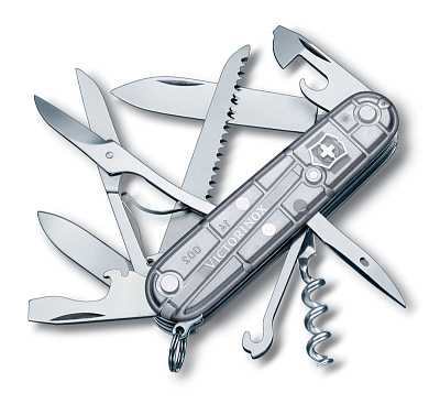 Нож перочинный VICTORINOX Huntsman, 91 мм, 15 функций, полупрозрачный серебристый