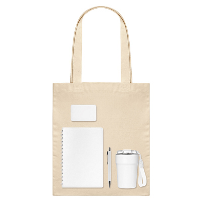 Подарочный набор Welcome Pack, белый (термокружка, ежедневник, ручка, ЗУ, шоппер) (Белый, бежевый)
