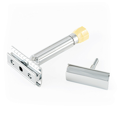 Станок Т-образный для бритья MERKUR 500C, глянцевое хромированное покрытие, прямой срез, закрытый гребень, короткая ручка, лезвие в комплекте (1 шт)