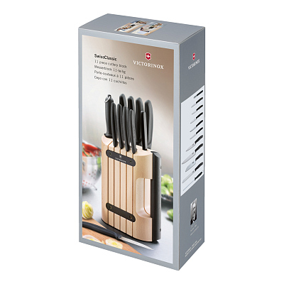Набор из 11 кухонных ножей VICTORINOX, чёрная рукоять, в подставке из бука высотой 35,5 см
