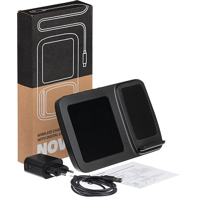 Станция беспроводной зарядки с часами и календарем и подсветкой логотипа Novem, черная