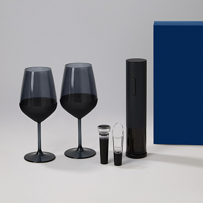 Подарочный набор 2 бокала для вина Black Edition + набор для вина Sacramento в синей коробке (Черный, синий)
